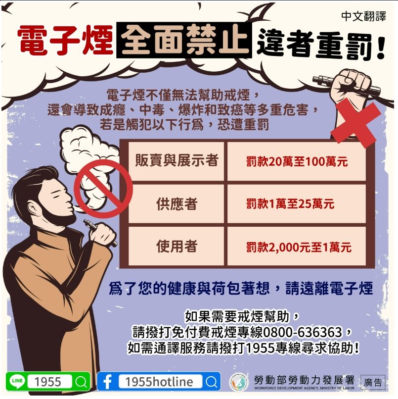 📢電子煙全面禁止，違者重罰-多國語言宣導