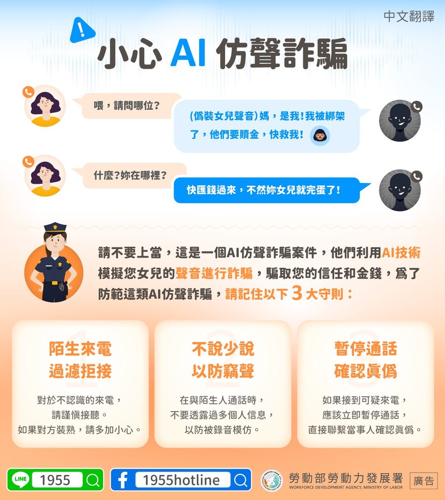 📢小心AI仿聲詐騙-多國語言宣導