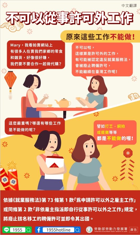 📢不可以從事許可外工作-多國語言宣導